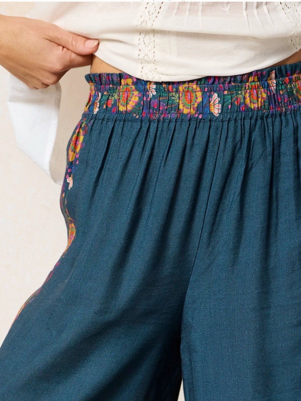 NATURAL LIFE Teal Wide Leg Pants with Multicolor Floral Border NWT - Picture 9 of 11